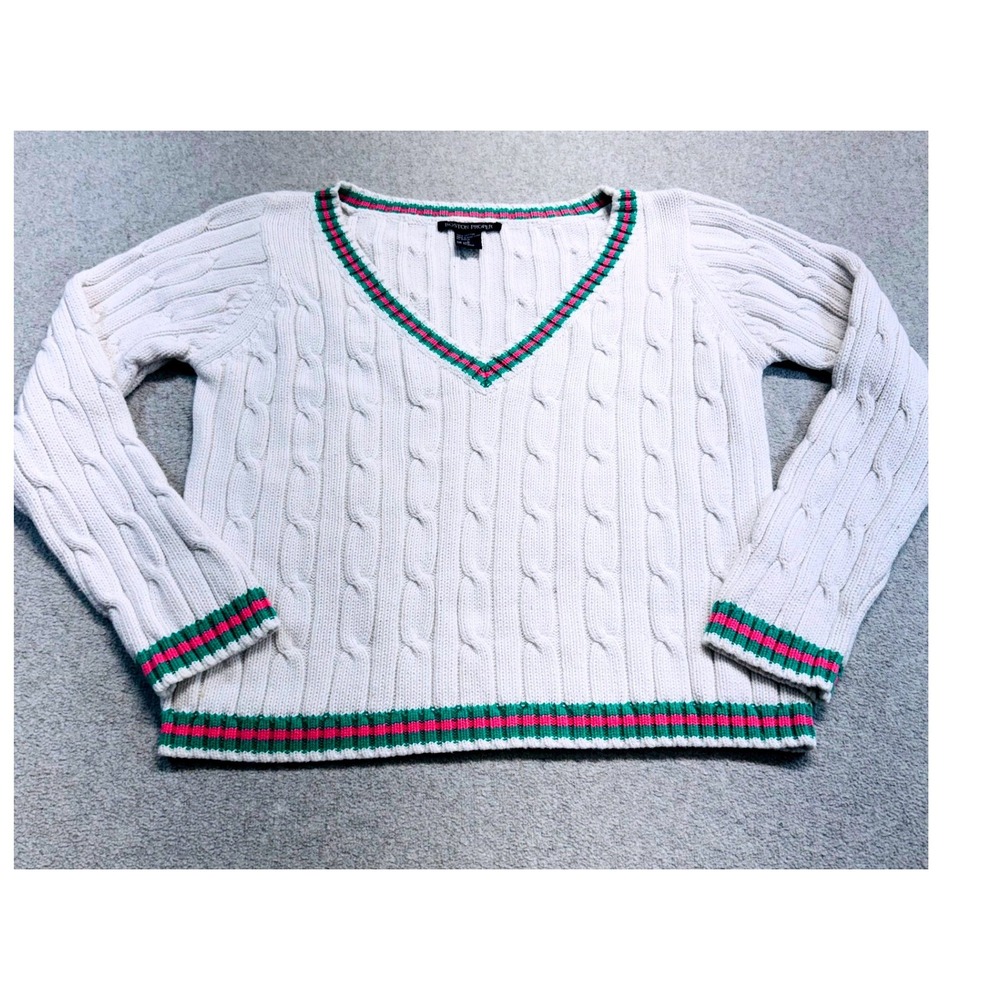 Vintage Boston Proper Womens L White Cable Knit Sweater Pink Green Preppy Cotton